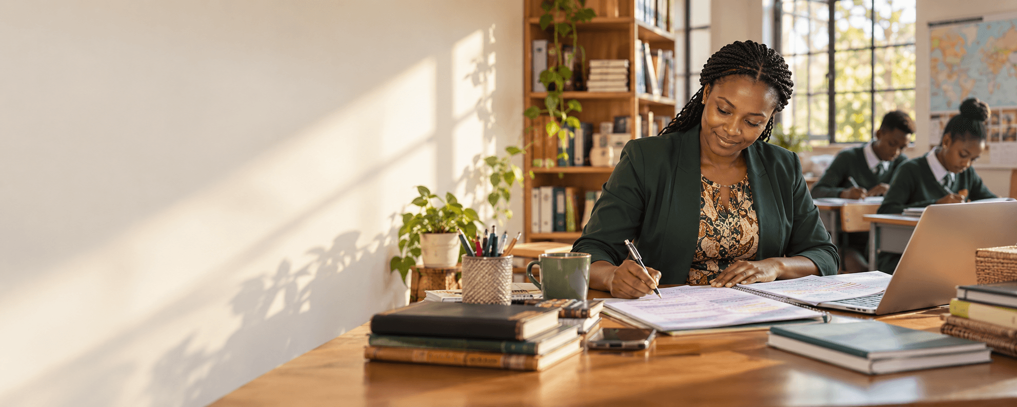 Teacher preparing learning materials in a sunlit classroom